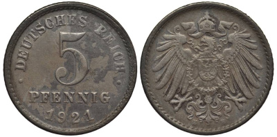 ГЕРМАНИЯ 5 ПФЕННИГОВ 1921 E KM 19, Jager 297, Weege 5 железо 4547-629