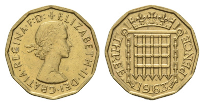 Великобритания 3 пенса 1963 Елизавета II (1952-2022) KM 900, Spink 4153 никель латунь 4121-655