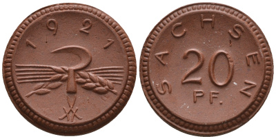 Саксония 20 пфеннигов 1921 колосья и серп J. N 53 фарфор UNC 1094-9-53