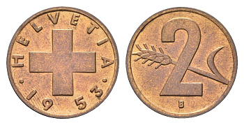 Швейцария 2 раппена 1953 B KM 47 бронза UNC 4708-324