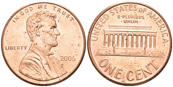 США 1 ЦЕНТ 2006 ЛИНКОЛЬН KM 201b цинк плакированный медью UNC 187-739