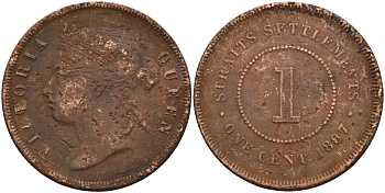 Стрейтс-Сетлментс 1 цент 1887 Виктория (1837-1901), Ост-Индская компания KM 16 бронза 4590-436