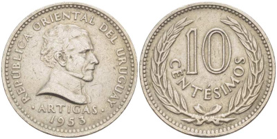 УРУГВАЙ 10 СЕНТЕСИМО 1953 ХОСЕ ХЕРВАСИО АРТИГАС KM 55 медно-никель 210-1034