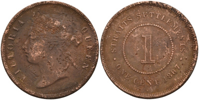Стрейтс-Сетлментс 1 цент 1887 Виктория (1837-1901), Ост-Индская компания KM 16 бронза 4590-436
