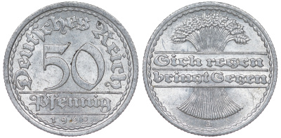 Германия 50 пфеннигов 1922 A KM 27, J. 301 алюминий aUNC 4114-1136