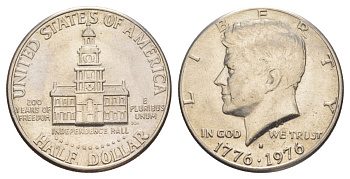США 1/2 доллара (50 центов) 1976 D, 200 лет независимости, Джон Кеннеди KM 205 медь плакированная медно-никелем aUNC 4565-442