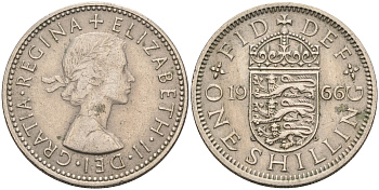 Великобритания 1 шиллинг 1966 Елизавета II (1952-2022), Английский герб KM 904, Spink 4147 медно-никель    4595-855
