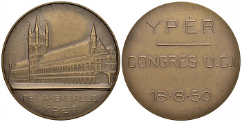 Бельгия медаль 1950 Бельгия медаль 1950 город Ипр, палата и вечевая башня (башня городского совета) суконщиков, конгресс U.C.I.(всемирная конологическая организация), 18 августа 1950 года, в оригинальной коробке, диаметр 52 мм., вес 54,83 гр.  бронза  UNC