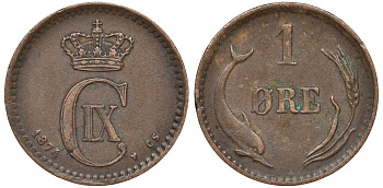 Дания 1 эре 1874 Кристиан IX (1873-1906), дельфин KM 792 бронза 4124-629