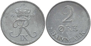 ДАНИЯ 2 ЭРЕ 1967 C;S, ФРЕДЕРИК IX (1947-1972) KM 840,2 цинк 202-713