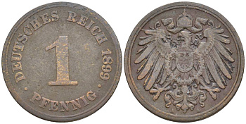 ГЕРМАНИЯ 1 ПФЕННИГ 1899 A KM 10, Jager. 10, Weege 2 медь 4528-1154
