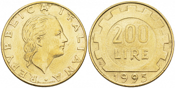 Италия 200 лир 1995 R, шестерня KM 105 алюминиевая бронза 186-224