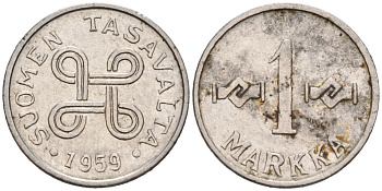 Финляндия 1 марка 1959 KM 36а железо плакированное никелем 192-1216