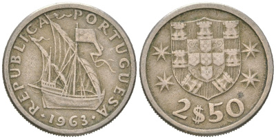 Португалия 2,5 эскудо 1963 парусник KM 590 медно-никель 4618-158