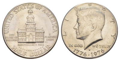 США 1/2 доллара (50 центов) 1976 D, 200 лет независимости, Джон Кеннеди KM 205 медь плакированная медно-никелем aUNC 4565-442