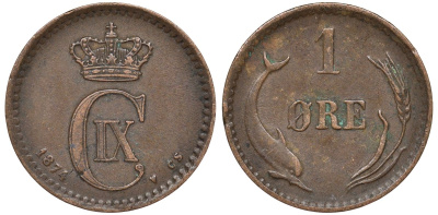 Дания 1 эре 1874 Кристиан IX (1873-1906), дельфин KM 792 бронза 4124-629