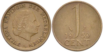 НИДЕРЛАНДЫ 1 ЦЕНТ 1959 ЮЛИАНА KM 180 бронза 66-916