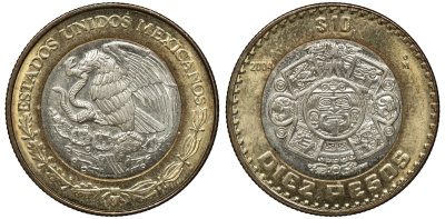 Мексика 10 песо 2004 Мо, бог Тонатиуха с огненной маской KM 616 биметалл UNC 4367-1113
