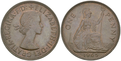 Великобритания 1 пенни 1965 Елизавета II (1952-2022) КМ 897, Spink 4157 бронза 81-444