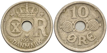 ДАНИЯ 10 ЭРЕ 1925 HCN ; GJ, КРИСТИАН X (1912-1947) KM 822.1 медно-никель 4392-1224