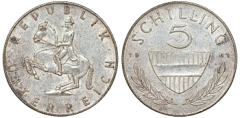 Австрия 5 шиллингов 1961 KM 2889 серебро 216-311