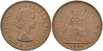 Великобритания 1 пенни 1964 Елизавета II (1952-2022) KM 897, Spink 4157 бронза 4574-233