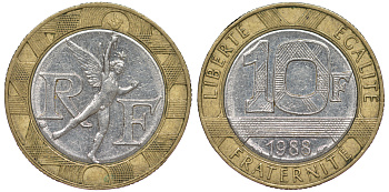 Франция 10 франков 1988 тип гений Бастилии KM 964.1, Le Franc 375.2 биметалл 45-513