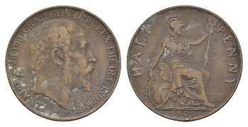 Великобритания 1/2 пенни 1906 Эруард VII (1901-1910) KM 793.2, Spink 3991 бронза 4642-424