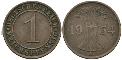 Германия 1 рейхспфенниг 1934 A KM 37, J. 313 бронза 4189-1236