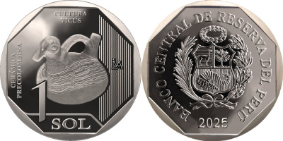 Перу 1 новый соль 2025 серия перуанская доколумбова керамика, культура Викус KM NEW медь никель цинк  UNC  M69-12