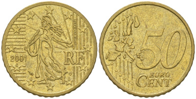 Франция 50 евроцентов 2001 KM 1287 нордик aUNC 4538-855