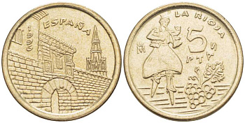 Испания 5 песет 1996 Хуан Карлос I (1975-2014), Риоха (La Rioja) KM 960 алюминиевая бронза 214-126