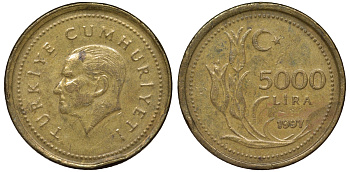 Турция 5000 лир 1997 Мустафа Кемаль Ататюрк KM 1029.1 латунь 62-1253