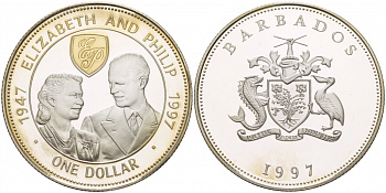 Барбадос 1 доллар 1997 золотая свадьба королевы Елизаветы и принца Филиппа, позолота KM 64 серебро PROOF 02-117-52