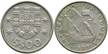 ПОРТУГАЛИЯ 5 ЭСКУДО 1979 ПАРУСНИК KM 591 медно-никель 4388-516