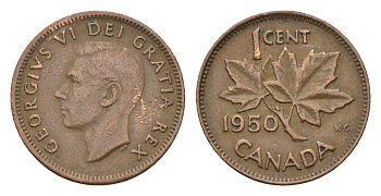Канада 1 цент 1950 Георг VI (1936-1952), кленовый лист KM 41 бронза 75-1614