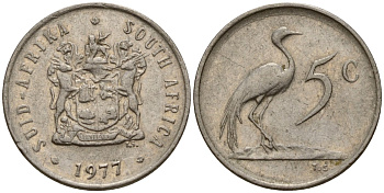 ЮАР 5 центов 1977 герб, райский журавль KM 84 никель 4154-1134