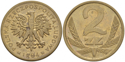 ПОЛЬША 2 ЗЛОТЫХ 1984 MW KM 80.1 латунь 4532-122