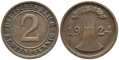 ГЕРМАНИЯ 2 РЕНТЕНПФЕННИГА 1924 D KM 31, J. 307 бронза 24-637