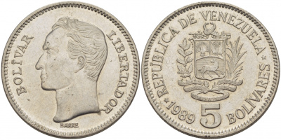 ВЕНЕСУЭЛА 5 БОЛИВАРОВ 1989 ПОРТРЕТ СИМОНА БОЛИВАРА KM 53a.2 никелированная сталь 37-733
