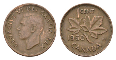 Канада 1 цент 1950 Георг VI (1936-1952), кленовый лист KM 41 бронза 75-1614