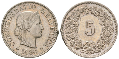 Швейцария 5 раппенов 1880 B KM 26 медно-никель 4189-946