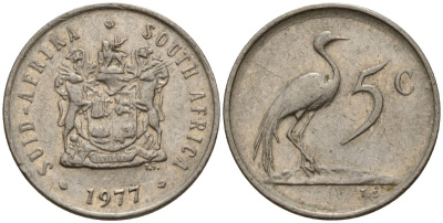 ЮАР 5 центов 1977 герб, райский журавль KM 84 никель 4154-1134