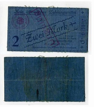 Германия 2 марки 1916 Ганновер, Мюнден, лагерь военнопленных офицеров, перфорация C-3084, Tieste 345.11 пластик 504-42-3-2