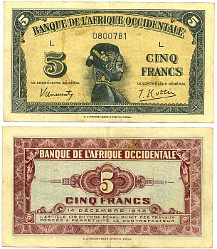 ФРАНЦУЗСКАЯ ЗАПАДНАЯ АФРИКА 5 ФРАНКОВ 1942 БУКВА L Pick 28а бумага 7486-47-1-2