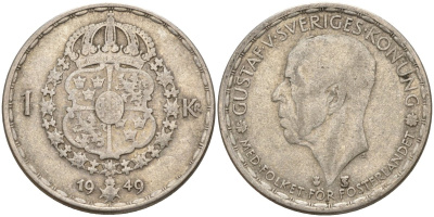 Швеция 1 крона 1949 TS, Густав VI Адольф (1950-1973) KM 814 серебро 4148-1112