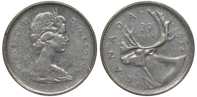 Канада 25 центов 1974 олень карибу, Елизавета II (1952-) KM 62b никель 4128-645