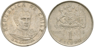 Чили 1 эскудо 1972 Хосе Мигель Каррера KM 197 медно-никель 4174-425