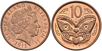 Новая Зеландия 10 центов 2011 маска Маори, Елизавета II (1952-) KM 117а сталь плакированная медью 202-622