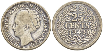 Нидерланды 25 центов 1943 Р, Вильгельмина (1890-1948) KM 164 серебро 4548-851